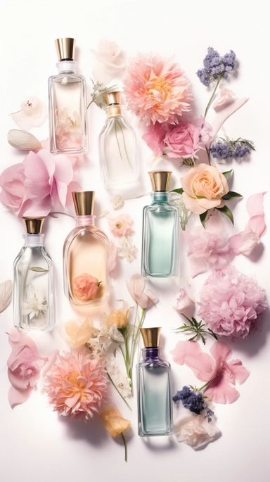 realistic watercolor illustration. clipart. different shape of pastel perfume bottles with variation randomly placed on a white soft background. flowers. roots. sophisticated. made entirely out of different types of flowers and perfume bottles standing tall against a white background. The image is designed as a poster. perfect for printing and sharing with friends and family. knolling