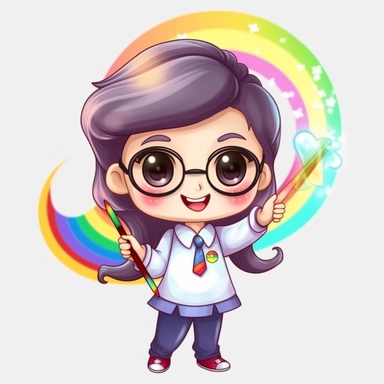 kawaii style rainbow cute teacher with a magic wand, casting spells to make learning fun and engaging for students, Best quality, 8K, HD, white background, no background, sublimation file, png, 2d, Cute kawaii style, vector clipart, no watermark