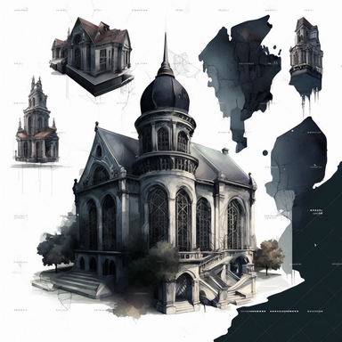Dark academic architecture, white background, watercolor, hyperrealism, high detail, individual elements, set, clipart