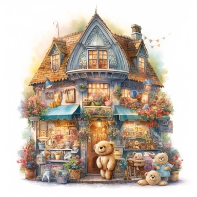 a very cute toy shop with lots of toys , clipart, exterior view, cozy, flowers, luminious, dramatic lighting, super detailed, daytime, Thomas Kinkade style, watercolor, 8k, on isolated white background