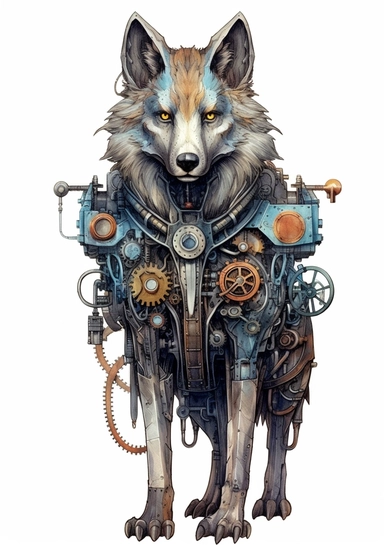 Steampunk Gray wolf clipart, realistic, Watercolor Retro Futuristic Victorian Era, art picture, full body, watercolor, multicolor, white background, lots of details, high quality - 8K,