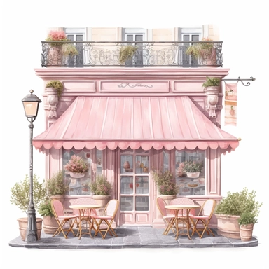 commercial shot of realistic french boho parisian pink pastel cozy cafe with open doors cute elegant tables and parasol and plants in front clipart, french cafe, high quality, intricate design, clipart witchcore dreamcore cottagecore white background