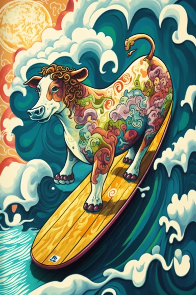 a painting of a standing cartoon jersey-cow riding kanagawa wave on a longboard surfboard, behance contest winner, psychedelic art, paisley, beautiful waves in sea, james jean and clyde caldwell, clipart, hi - fructose art magazine, katherine lam, artgram, marc newsom, sovietwave,