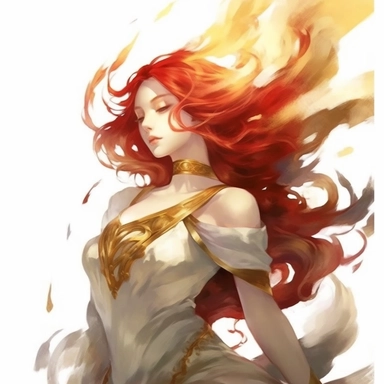 a girl with red flowing hair, delicate shades of red orange and gold, watercolor clipart, white backound, no backound, glowing,Takehisa Yumeji