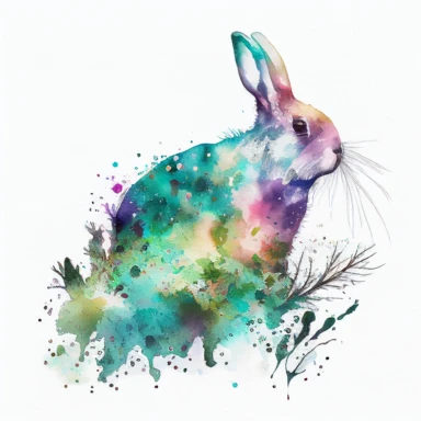 Magical bunny clipart watercolor painting chaos white background stylized