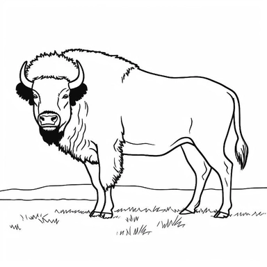 Draw a simple outline of a bison, a large animal that lives in the prairies and has a dark brown coat. The background should be a simple grassy field with a few clouds in the sky. Use bold lines and black ink on a white background to create a clipart-style image that is perfect for coloring. Remember to leave some space for children to add their own colors. Simple outlines and bold lines are key to creating a toon or cartoon-like image. Keep it black and white. '--no circle, sphere, fishbowl, fi
