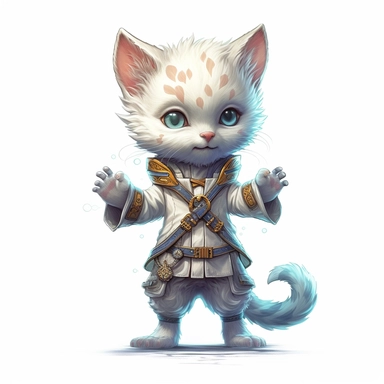 Adorable cute fantasy baby cat dressed like healer standing in dynamic pose,front view,fullbody,sharp through out,happy expression, nursery art, clipart image, lineart image, white background, very detailed, 8k, composition wide shot