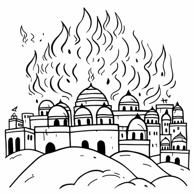 cute black and white clipart of jerusalem burning from the bible, suitable for a childrens book, outline only