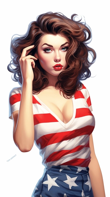 Beautiful pretty pin up woman, makeup and hair 50's style, brown hair, diferent poses celebrating the 4th of july, paint art style, different poses, detail, clipart, white background, superrealistic, one of a kind.