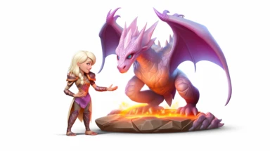 two shot of full body human blonde viking woman humanoid in full gear petting her Cute Beautiful 3d winged baby red fire dragon quadruped that's Standing, Vector Sublimation Clipart, Cartoon, disney infinity art style, hyper realistic, in-game model, intricate detail, illustration style, high solution, on the white background, dozens of purple crystal gems on the floor