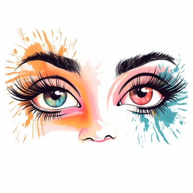 two eyes and eyebrows of a woman with artistic makeup and false eyelashes, detailed vector , clipart, isolated on white