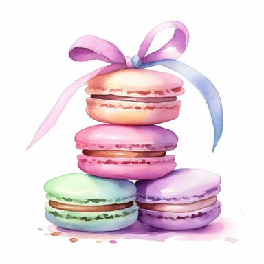 A pastel colored macaroon stack with a delicate ribbon clipart, white background, watercolor sophisticated drawing