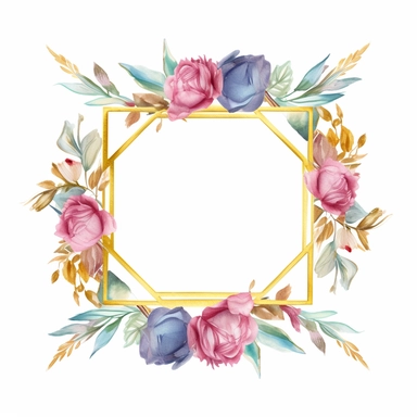 golden rectangular frame, some pastel pink and blue flowers at symmetrical corners, pastel easter flowers arrangement, wreath frame clipart, symmetrical, easter flowers arangement, simple watercolor illustration, watercolor with margin, bold line, editorial design, print design, Super - Resolution, Megapixel, Pro Photo RGB, VR, outside, 8K, super detailed, HDR, 8k. white background
