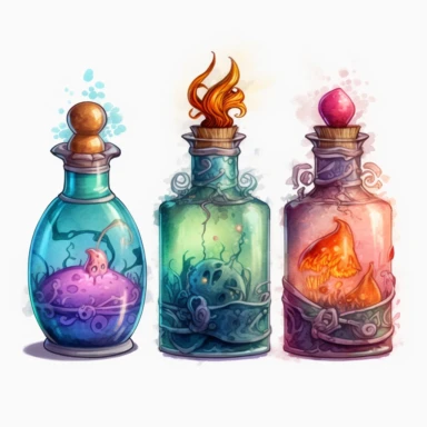 Create a watercolor clipart set of potion bottle with different shape, size, and color, containing a unique magical elixir with label. no background