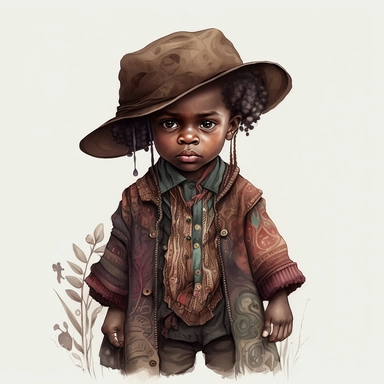 boho little boy,big eyes, voodoo doctor, African,tall hat, pose, body, very detailed and realistic, watercolor, clipart style