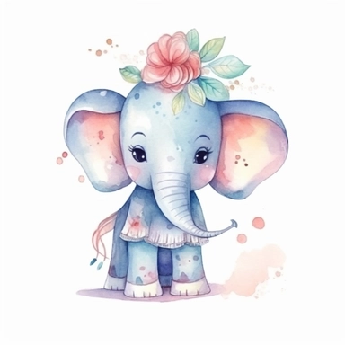 watercolor adorable kawaii elephant character kawaii, isolated, kawaii,digital art,detailed, concept,art,8k,hd,on white background,clipart
