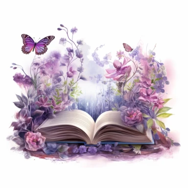 fantasy scene coming out of an open book, secret garden, florals, magical, watercolors, Clipart, pastel violet color theme