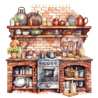 watercolor, hyper realistic, white background, white margins, 16k, ultra detailed clipart, cut out image, hand-drawn a cozy kitchen with brick walls, a vintage gas stove, and open shelves displaying antique kitchenware.