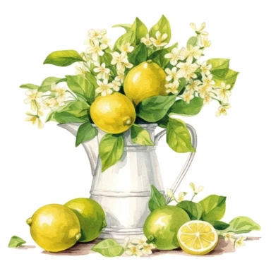 a bouquet of lime branches with lime flowers in a white retro kettle clipart, watercolor style, very soft style, on white background