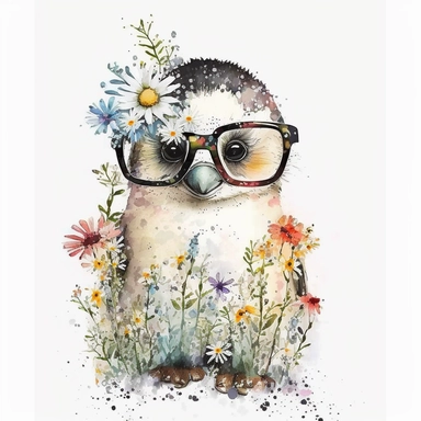 Winter, christmas, white background, watercolor, adorable baby penguin with glasses, clipart, colorful, floral, winter flowers