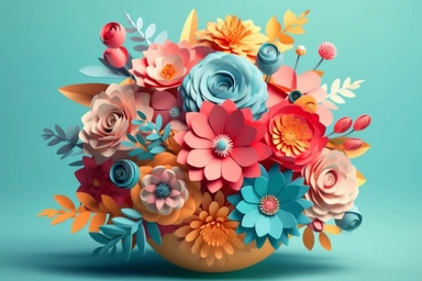 3d render, craft paper flowers, round floral bouquet, botanical arrangement, bright candy colors, nature clip art isolated on sky blue background vector art illustration