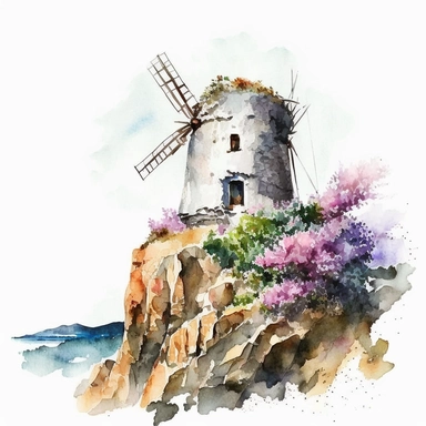 windmill on cliff watercolor,all white background, clipart