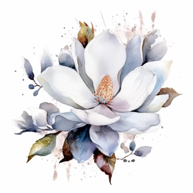 clipart magnolia, watercolor, white background, silver sequins
