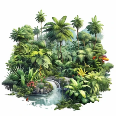 hyperdetailed clipart scene of a jungle, digital art , clipart, realistic style , spaced out on a white isolated background, 16k