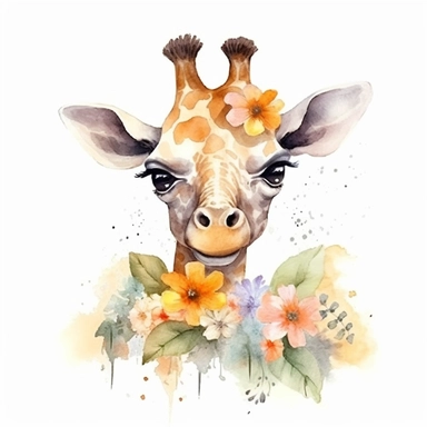 watercolor painting of a smiling playful baby Giraffe with blossom in the mouth, soft colors, with cute big eyes, happy smiling face, cute animal, adorable, playful atitude, adorable watercolor animal clipart with a few plant and flowers butterlys decor, 