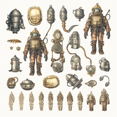 antique diving equipment, illustrations clipart set, simple, , cartoon elements, different variants, brass elements, , separate elements with a margin, , 4k, high resolution