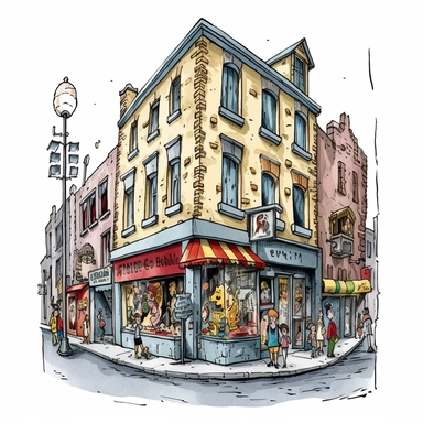 a Belgium Comic Strip Center in the style of watercolour clipart with detailed brush strokes