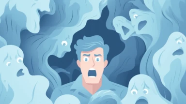 a simple flat microsoft office clip art style illustration of a horrified person, surrounded by ghosts, light grey blue pastel color palette