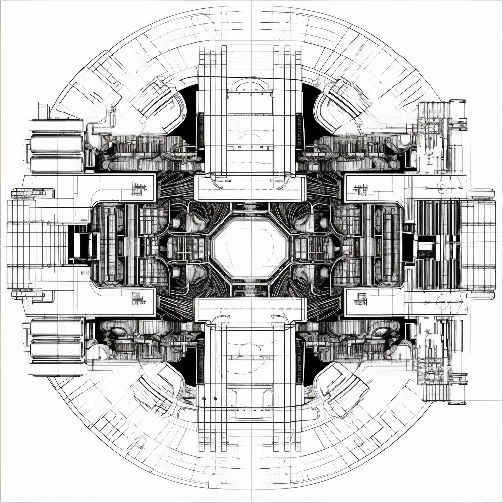 Tokamak fusion generator scheme, blueprint, black and white, simple