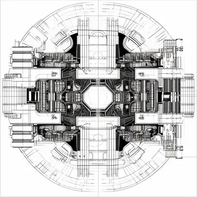 Tokamak fusion generator scheme, blueprint, black and white, simple lines, clipart