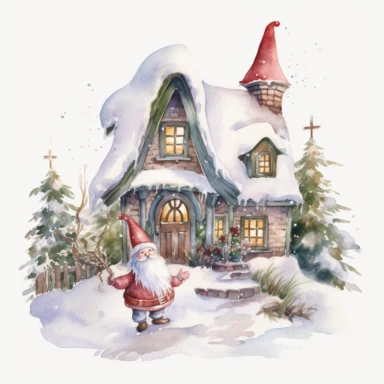 Watercolor Clipart Winter Christmas House, Christmas gnomes near the Christmas tree, by Thomas Kinkade