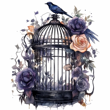 dark arcadia watercolor birdcage made from human ribcage with raven inside clipart, roses, vines, fantasy,