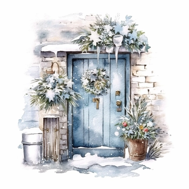 a cold winter day, winter theme , winter flowers romantic door pastel color watercolor clipart ,hand drawn watercolors, chalk, painterly brushstrokes ,white background for removing background--no text shadow font watermark