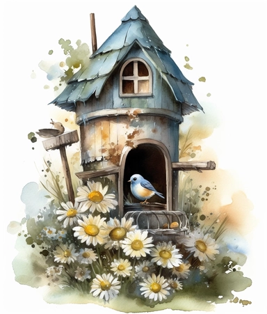 DESIGN A MAGNIFICENT AND EXQUISITE BREATHTAKING ONE-OF-A-KIND HIGH QUALITY HIGHLY DETAILED MASTERPIECE WATERCOLOR CLIPART ILLUSTRATION OF A birdhouse and daisies are painted over the garden, in the style of magali villeneuve, dark yellow and light blue, ferrania p30, charming illustrations, high resolution, tondo, nature