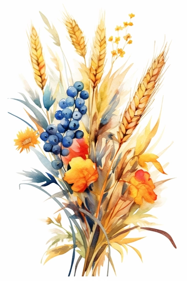 watercolor different grasses and cereal plants, solid background, clipart