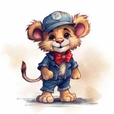 Cute anthropomorphic baby lion wearing a denim vest with a red bandana around its neck, paired with blue jeans and black cowboy boots clipart,smile expression,running pose dynamically, front side view, in the style of watercolor cartoon clipart, beatrix potter style,pixar style, high resolution, composition free space, pastel color scheme, soft and tender, watercolour clipart, watercolor illlustration for kids and children,isolated white background, clipart most popular on etsy, book illustratio