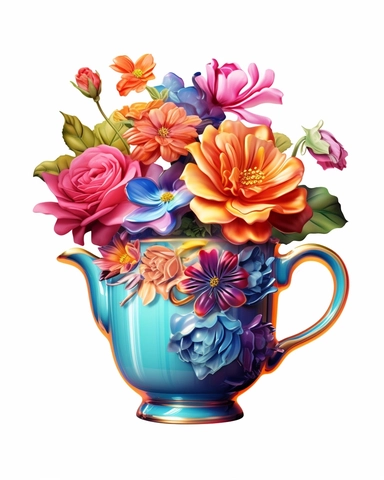Vintage Flowers Tea Cup and Pot 3d sublimation Clipart, blue-green cup, shine a little, colorful Flower, Retro Flower, Rainbow Color, highly detailed, white background 8k