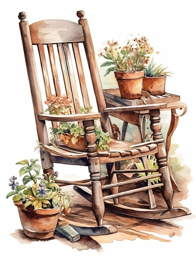 watercolor, vintage, country, wood rocking chair with beautifully carved arm rests and flower pots next to it, on white background, clip art