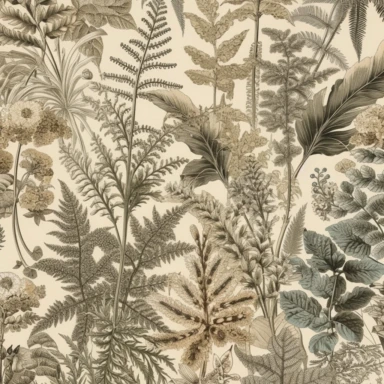 An enchanting fabric design inspired by antique herbariums, featuring meticulously arranged pressed ferns, leaves, and delicate blossoms. Ideal for adding a touch of vintage elegance to clothing and home decor. Antique-style clipart for fabric prints. HD quality.