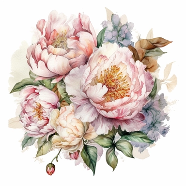 a bouquet with a few peonies clipart with white background, unimaginable beauty,white with little pink details in the centre of the bloom,An illustration clipart painted by ann buccarelli, watercolour, combo pale colours, insanely detailed, on white background, amazing colour combo, with detailed watercolor bloom, white/ pink/ green, bec winnel, intricately textured, close up, walter Langley, lucy grossmith, heavy impasto technique, detailed shading, atmospheric watercolours, on white background