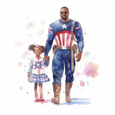 black dad and daughter dressed in Captain America costumes hand-painted watercolor clipart set on white background in the style of Katie Daisy