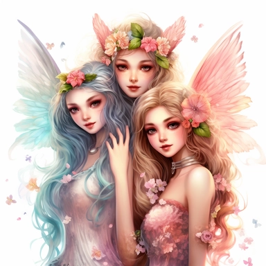 lilly stone, 3 beautiful smiling fairy friends with arms around each other, large wings, 16 year old girls with long wavy hair, soft colors, big eyes, BENTE SCHLICK style illistration, sparklecore, flowers, hyper detailed, white background, clipart