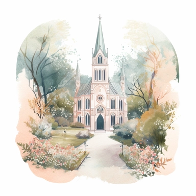 Illustration on solid white background of a charming church exterior, set amidst a lush, pastel-colored garden. The church's architecture is adorned with intricate details, and its doors are open, inviting the wedding guests to enter. The composition of the clipart is serene and enchanting, with soft shading and gentle colors creating a picturesque scene award winning