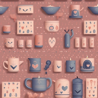 An image filled with loving, homely items that symbolize motherhood, such as a steaming coffee mug, a calming candle, a comfy pillow, and a heart-shaped pendant, all crafted in a paper-cut style. Each item interlinks seamlessly, set against a soft, pastel-toned backdrop, creating an enchanting pattern that encapsulates the warmth and care associated with a mother's love. in Clipart style
