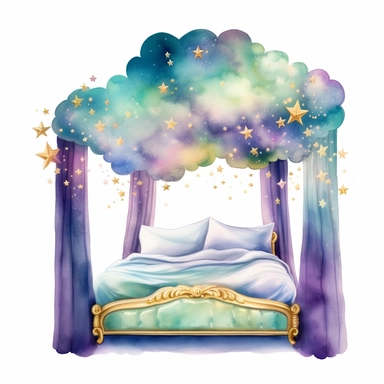 cartoon fairy bed, floating on clouds, glowing lights stars and sparkles, colors of green purple gold and blue, glamorous realistic and detailed, watercolor, white background with margins, clipart style