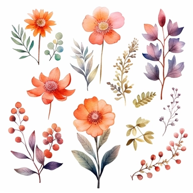 atercolor, handpainted floral clipart, transparent background, 6 elements evenly spaced out by 1 inches